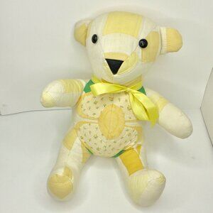 Vintage Handmade Quilted Patchwork 16" Teddy Bear  Yellow Scrapper Cutter Craft
